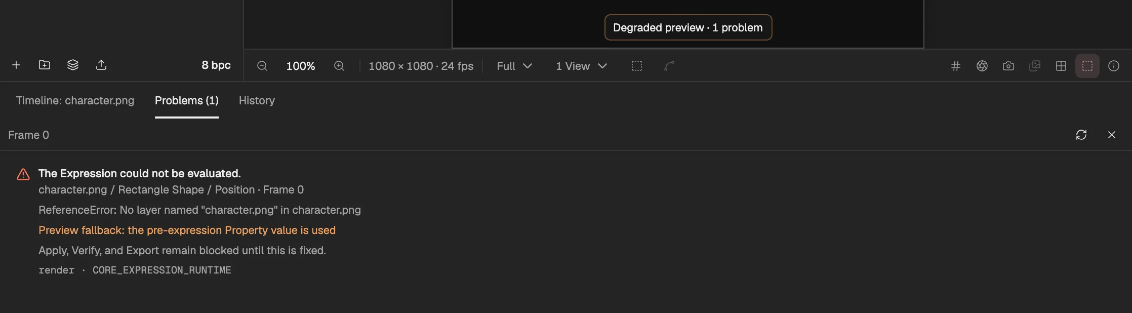 The Problems panel at frame 0, listing an expression that reads a deleted layer; above it, the Viewer says the preview is degraded.