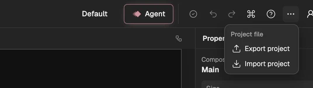 The Project file menu open, with Export project and Import project.