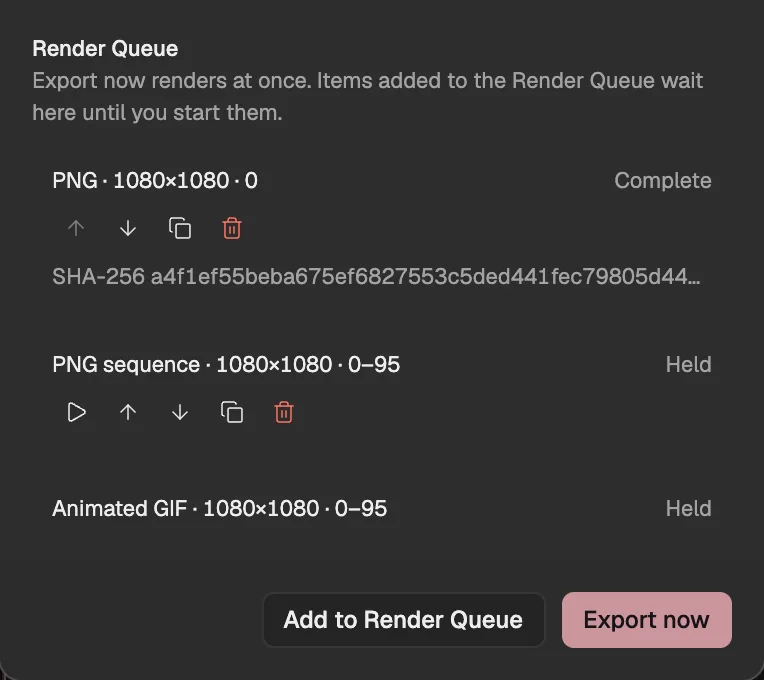 The Render Queue: a still that has finished, and an image sequence and a GIF held, above Add to Render Queue and Export now.