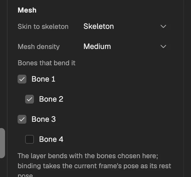 The mesh settings of a picture skinned to a skeleton with two chains, one bone unticked.