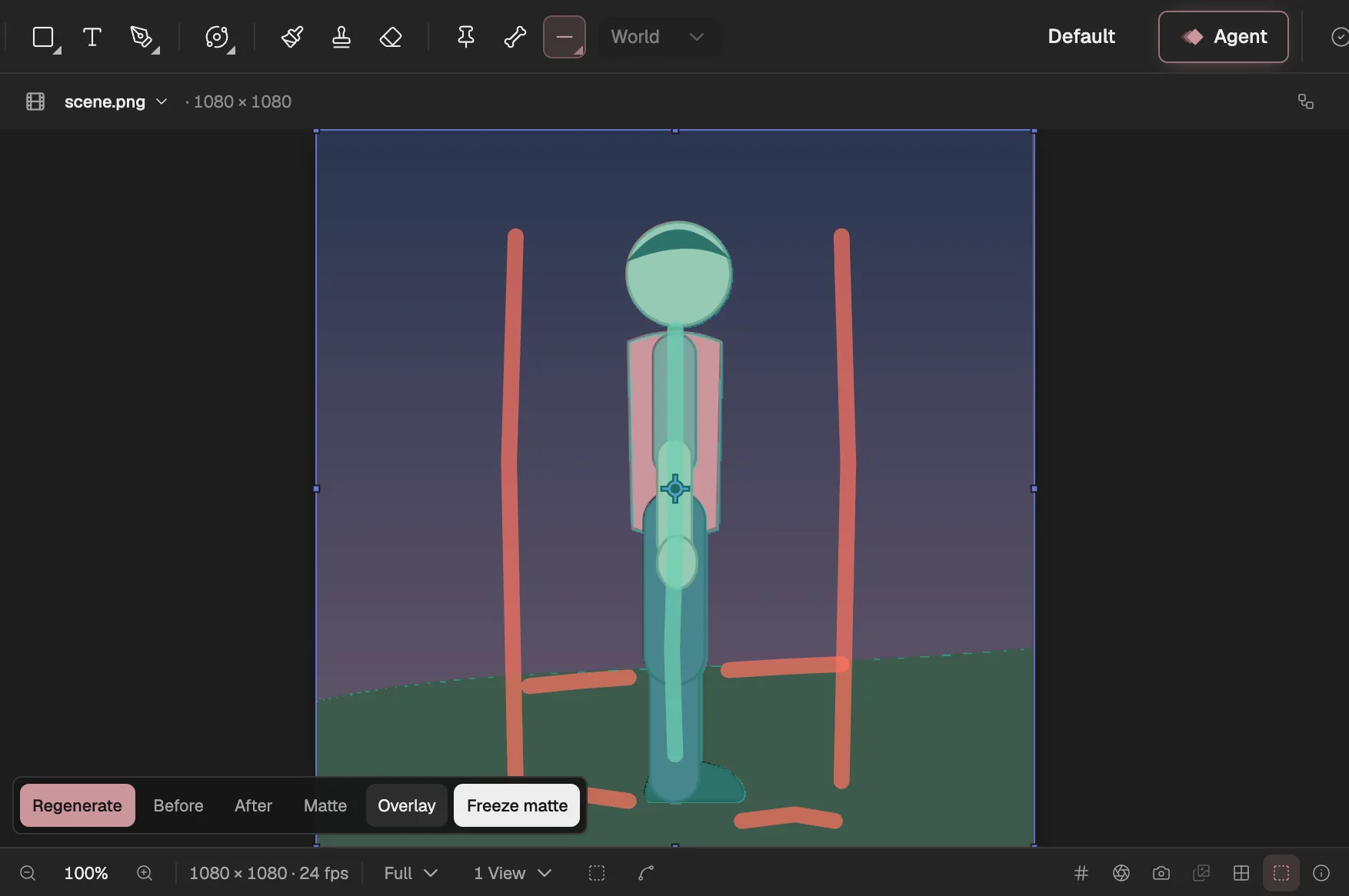 Roto Brush on a picture of a character: green foreground guides down the character, red background guides round it, the matte shown as an overlay, and the review bar at the bottom left of the Viewer.