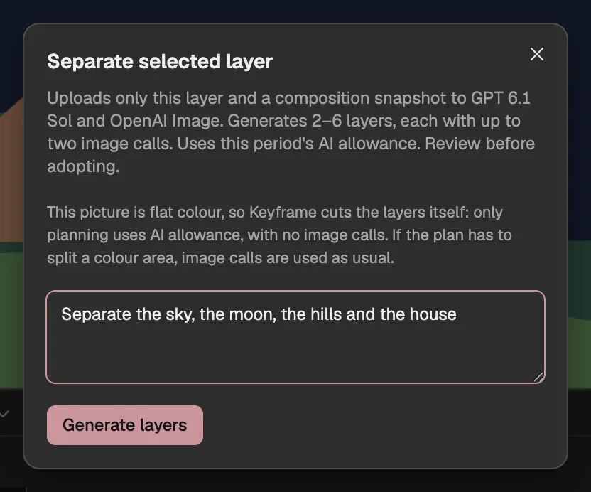 The Separate selected layer dialog for a flat-colour night picture, with the request written in.