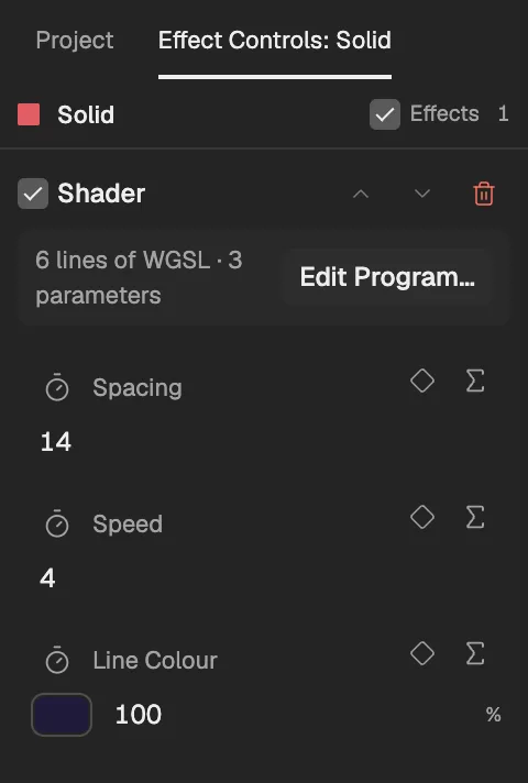 Effect Controls for a solid with the Shader effect: the program’s summary, its Edit Program button and its three settings.