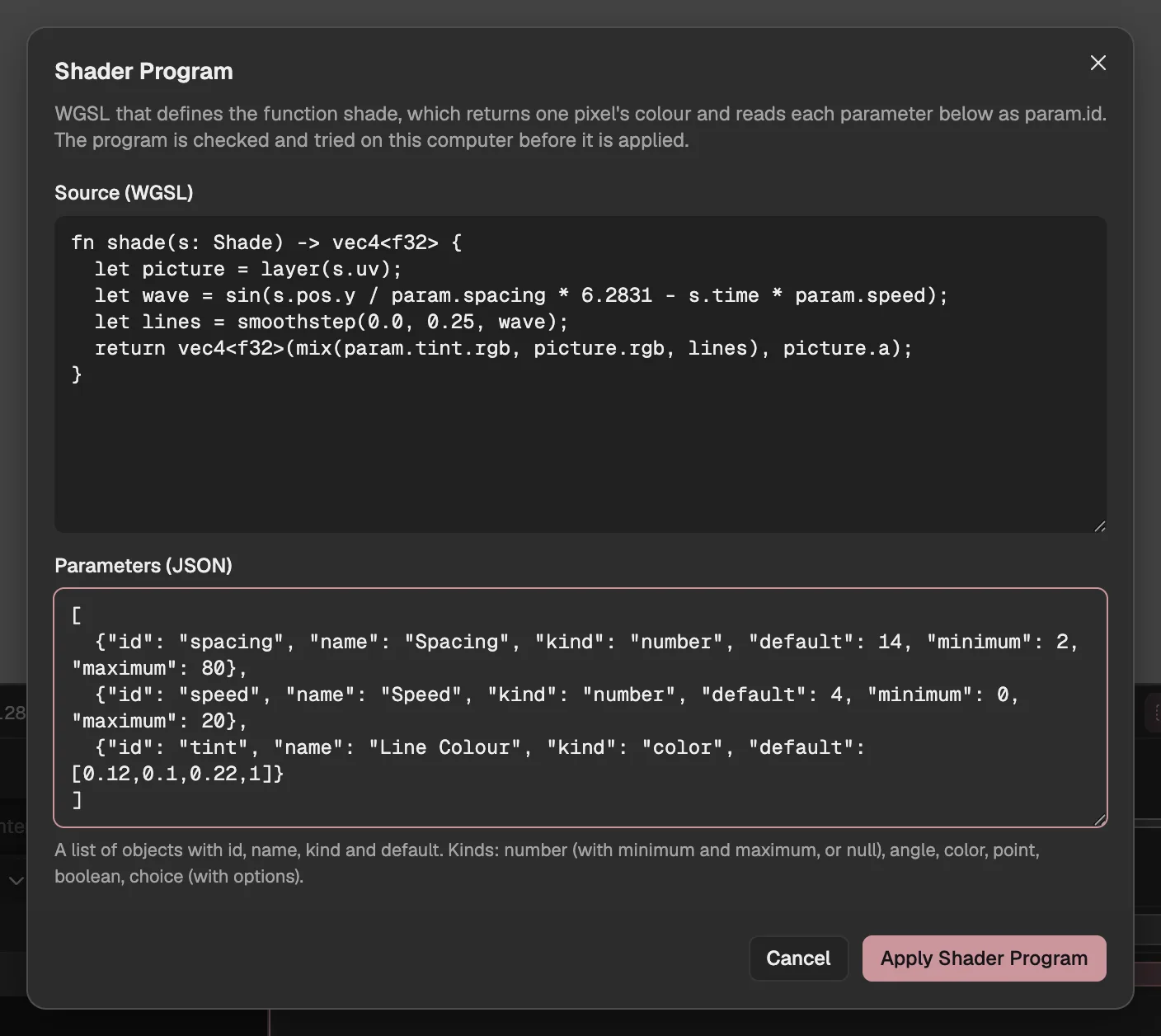 The Shader Program dialog with a program that draws moving lines over the layer, and its three parameters.