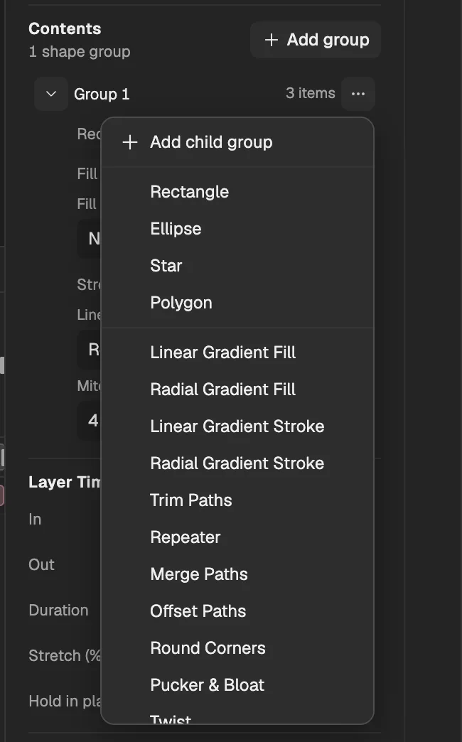 A shape layer’s Contents in Properties with Group 1’s menu open: Add child group, the shapes, the gradient fills and strokes, and the path operators.