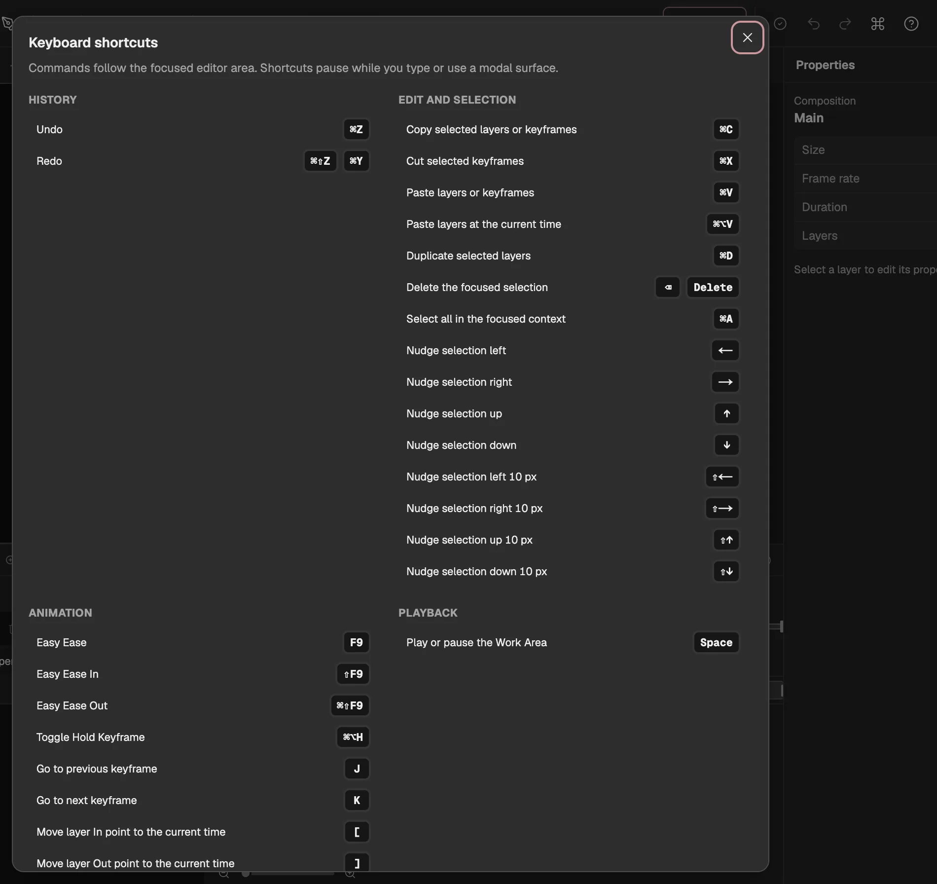 The editor’s Keyboard shortcuts list, opened from the Help menu.