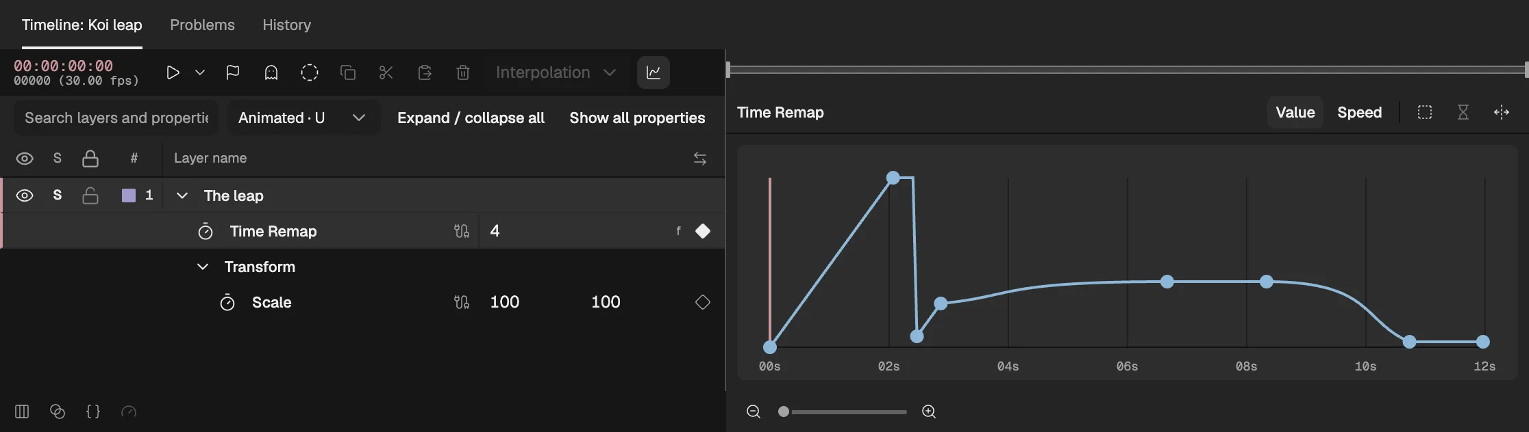 The Graph Editor showing the Time Remap curve: a rising line, a drop, a curve easing flat into the hold, the flat hold and a falling curve