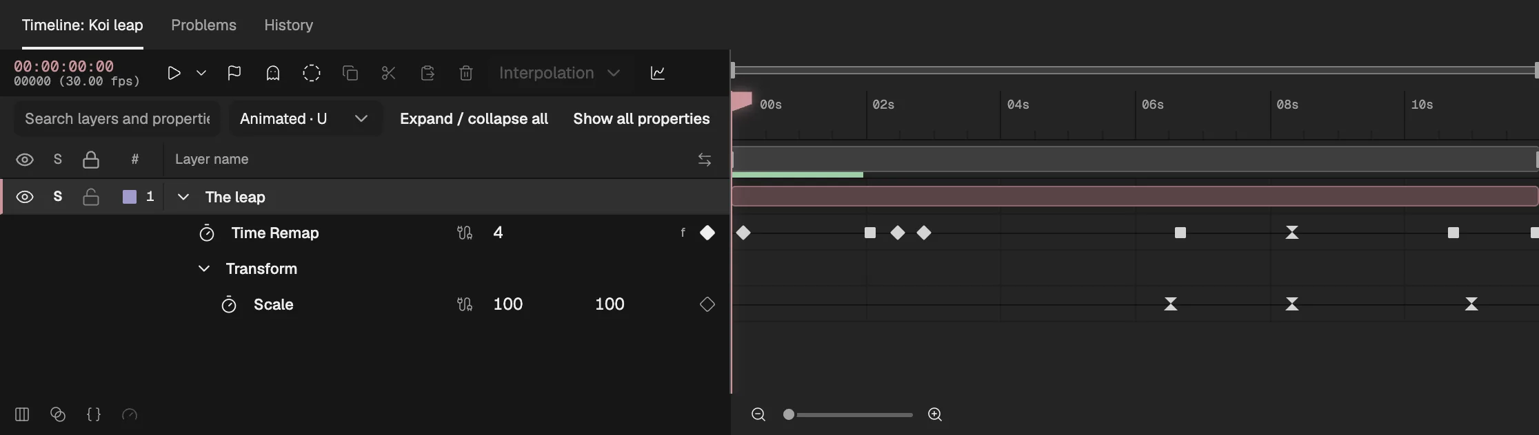 The film's Timeline with the action's layer open to its Time Remap keyframes: a pair for the leap at speed, a jump back, keys slowing into the top of the arc, a hold and the run back