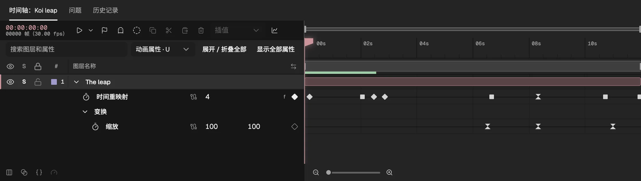 成片的时间轴，动作图层展开到时间重映射的关键帧：实速的一对、一次跳回、缓入弧线最高点的几个、定格和倒放