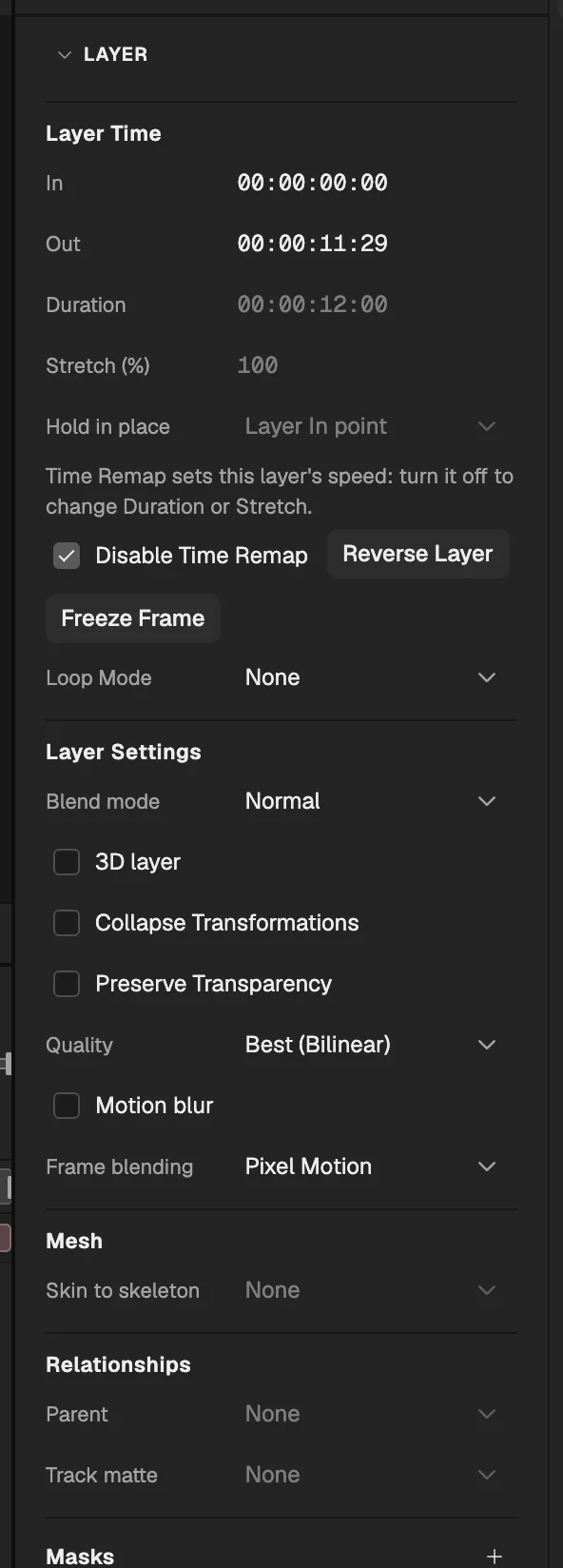 The action's layer selected in the film, its Layer Settings showing Frame blending set to Pixel Motion and Time Remap turned on