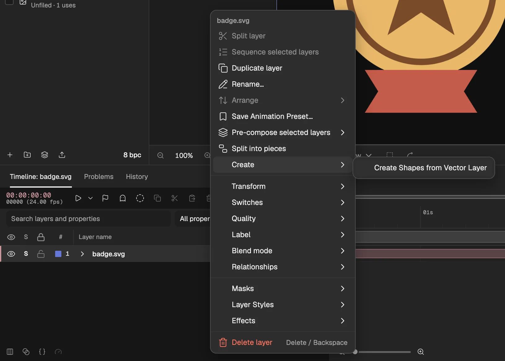 The menu of an SVG layer in the Timeline, open at Create, with Create Shapes from Vector Layer.