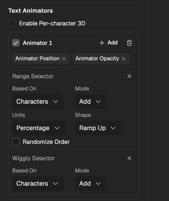 A text layer’s Text Animators in Properties: Animator 1 with Animator Position and Animator Opacity, a Range Selector whose shape is Ramp Up, and a Wiggly Selector.