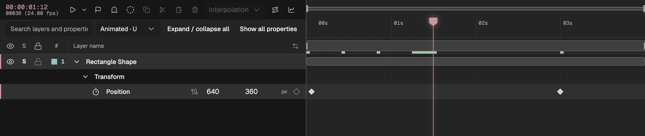 The Timeline, with the two keyframes of the Position property and the playhead between them.