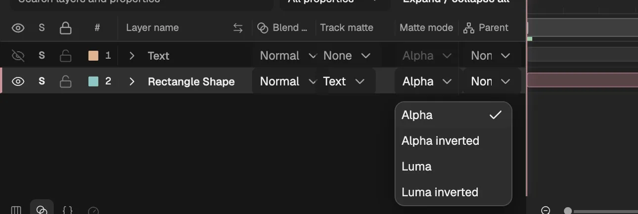 The Timeline’s Modes columns: the shape layer takes its track matte from the text layer above it, and its Matte mode menu is open on Alpha, Alpha inverted, Luma and Luma inverted.