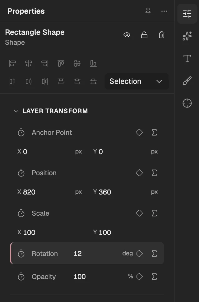 Properties for a rectangle shape layer: Layer Transform with Anchor Point, Position, Scale, Rotation at 12 degrees and Opacity, each with its stopwatch.