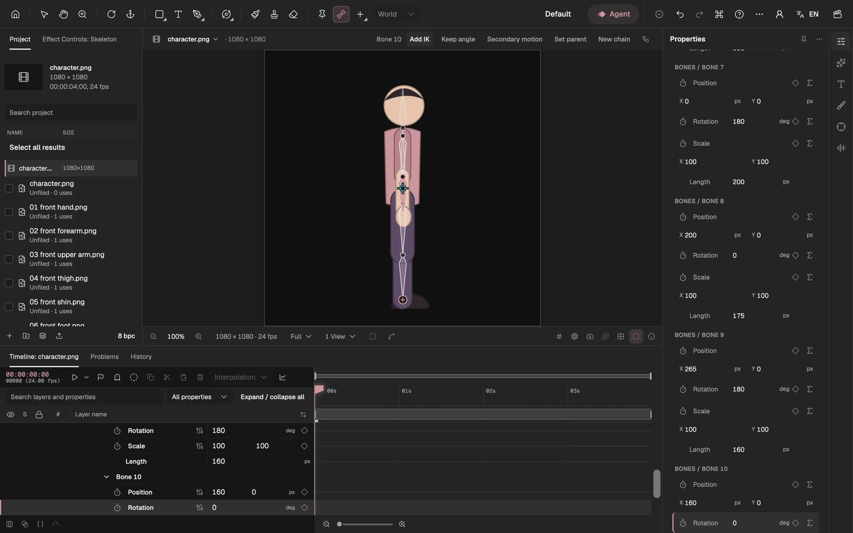 All ten bones over the puppet, the last forearm selected with its options in the viewer’s top row