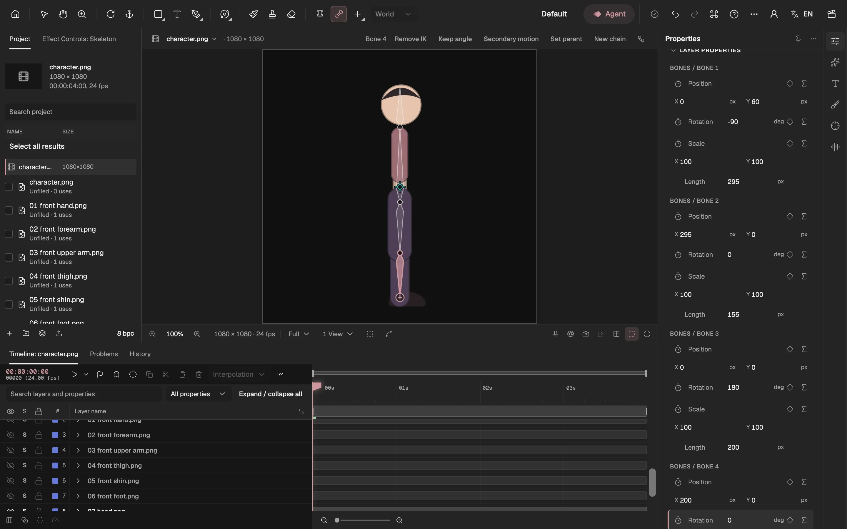 The front parts hidden in the Timeline and two bones drawn down the back leg, with IK on the lower one