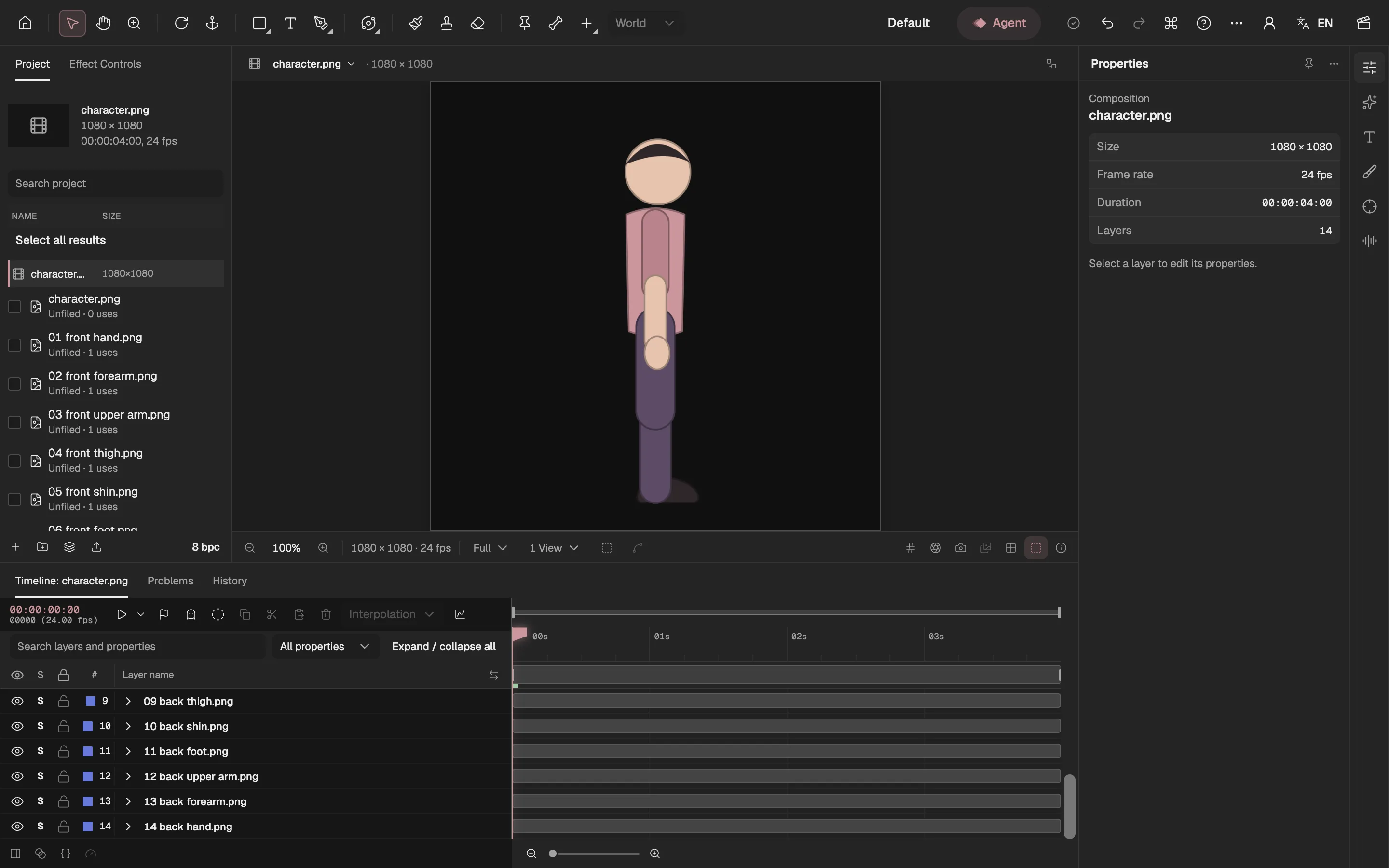 The editor with the puppet’s 14 parts as layers, stacked into the whole figure