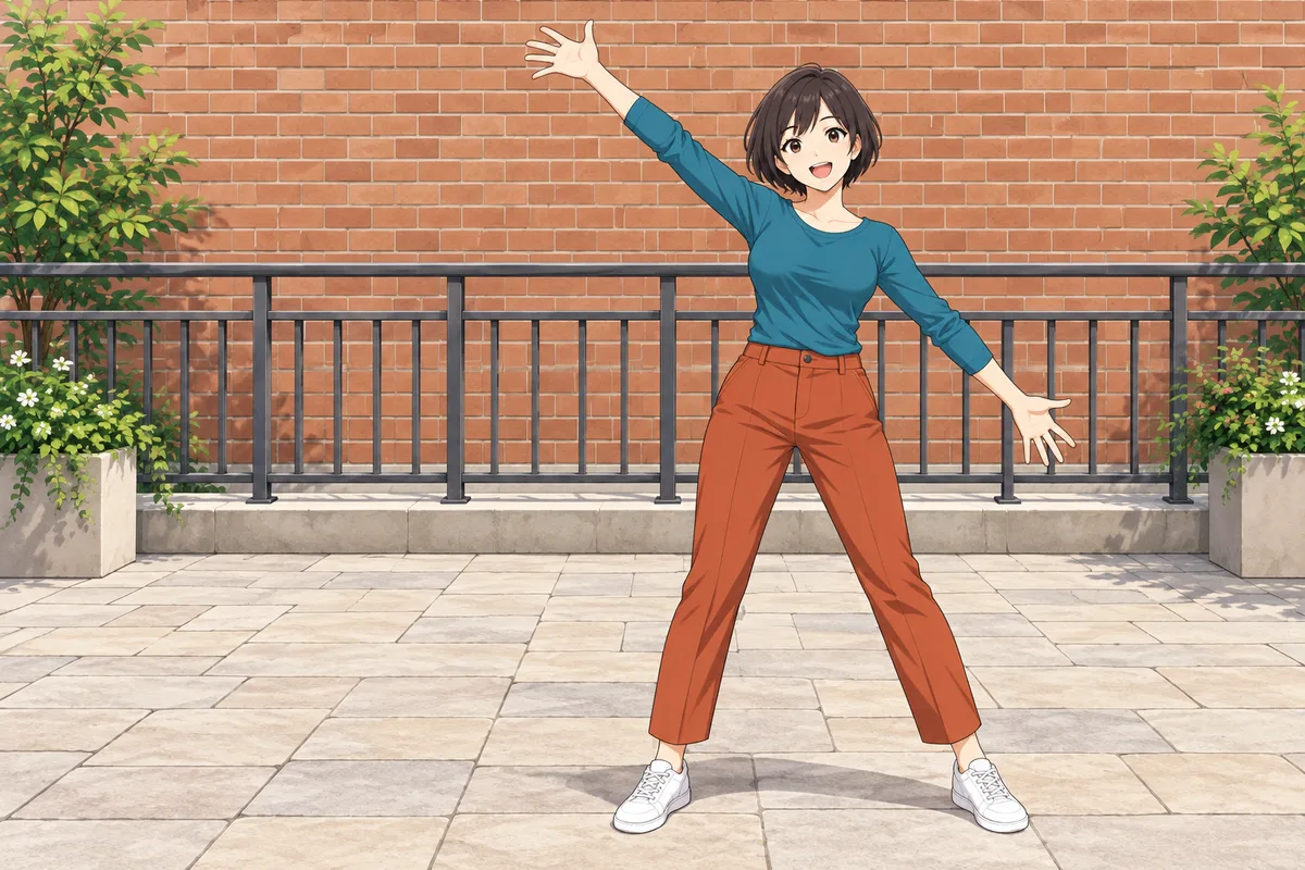 An anime-style girl with her arms out on a brick terrace