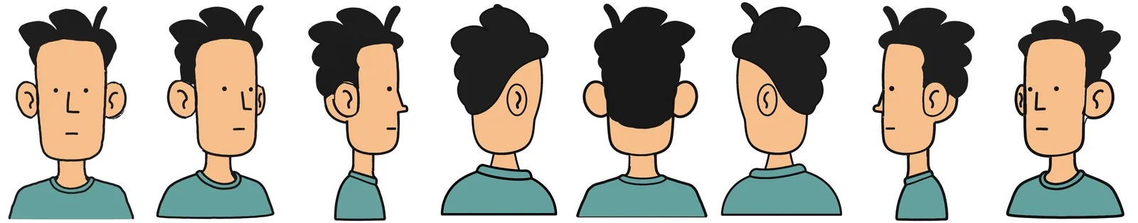 The cartoon man drawn eight times, every 45 degrees: front, three-quarter, side, three-quarter back, back, and round the other side to a three-quarter front.