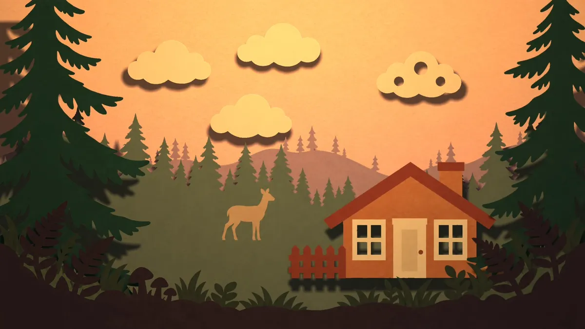 The light in front: short shadows sit just below and behind each cloud, the cabin and the trees