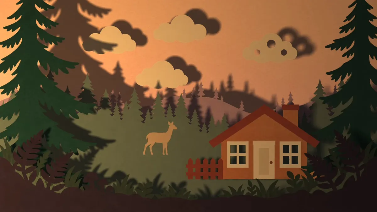 The light low at the left: long shadows of the trees and clouds fall to the right across the sky and forest