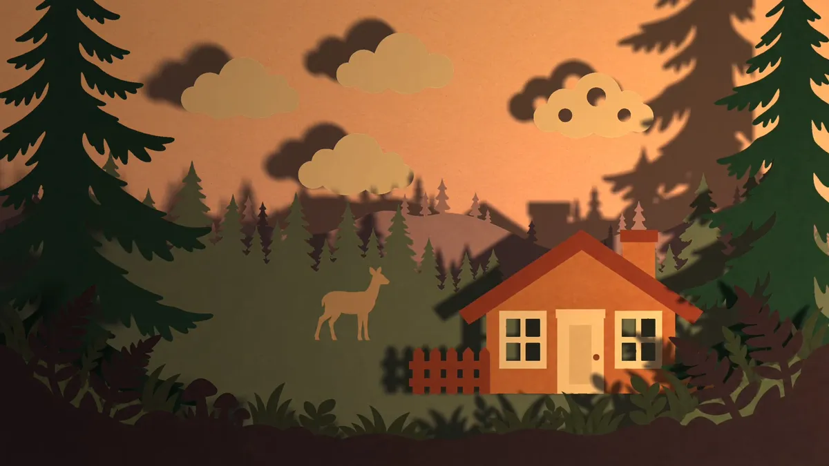 The light at the right: the shadows have swung to the left, and the cabin’s shadow covers the forest beside it